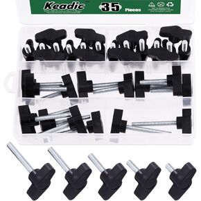Keadic 35 قطعة M6 5 أحجام لقط المسمار المقبض ومسامير الإبهام مجموعة متنوعة من الفولاذ الكربوني 36# برغي إبهام مخرش على مقبض بلاستيكي على شكل حرف T-M6 x [13-50] مم in Kuwait