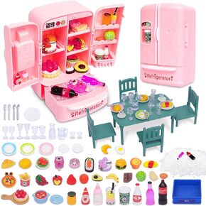 Dollhouse Mini Toy Fridge Green Table Dining with Mini Food Play Refrigerator for Kids Kitchen Furniture Fruits Vegetable Drink Milk Desserts for Kids Pretend Play Game Fake Ice Cubes