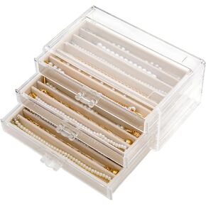 Necklace Holder Organizer, Dustproof Necklace Box Velvet Necklace Organizer Box with Lid Clear Acrylic Dustproof Stackable Jewelry Displays for Necklaces Chain Display (Beige, 3 Drawer)