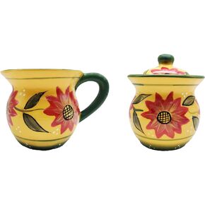 Ceramic Bamboo Rooster Creamer & Sugar Set, Sugar Bowl with Lid