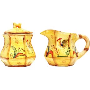 Ceramic Bamboo Rooster Creamer & Sugar Set, Sugar Bowl with Lid