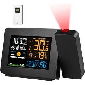 Upgraded Projection Weather Alarm Clock Atomic Projection Alarm Clock Night Light Clock Radio Control Clock Wireless Temperature Humidity Sensor WWVB Function Dual Alarms Snooze for Bedroom