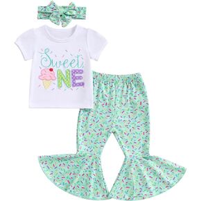 YOKJZJD 3Pcs Baby Girl 1st Birthday Outfit Sweet One Two Sweet Short Sleeve T-Shirt Tops Bell Bottom Pants Set Summer Clothes