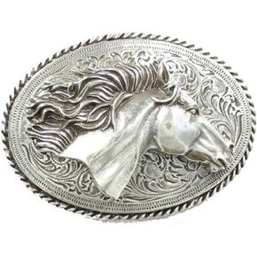 Blazin Roxx Women's Belt Buckle with Windblown Horse Head Motif (Antique Silver, 2-5/8" x 3-1/2")