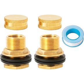 SUNGATOR Water Bulkhead Fitting, 1/2 Inch Female NPT x 3/4 Inch Male GHT Thread, Brass Water Tank Bulkhead Connector with Plug And A Sealing Tape (2-Pack)