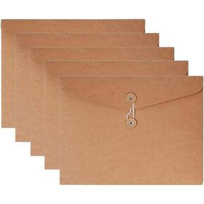 VANRA Kraft Paper File Folders A4 Envelopes Project Pockets Document Wallet Bag with String and Button Closure No Expansion, File Organisers for Business School Office A4/C4 (Kraft Brown 5 Packs）