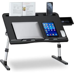 Laptop Bed Desk, X-Large Leather Adjustable Computer Bed Table Tray, Foldable Laptop Lap Desk for Bed Sofa Couch Floor Writing Eating Working with Drawer 2 Movable Stoppers (23.6 inch, Black)