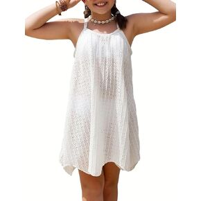 Girl's Crochet Backless Cami Swim Cover Ups Semi Sheer Hollow Out Cover Up Dress