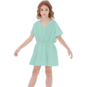 Girls Swimsuit Coverup UPF 50+ Beach Cover Ups Dress V Neck Beachwear Short Sleeve