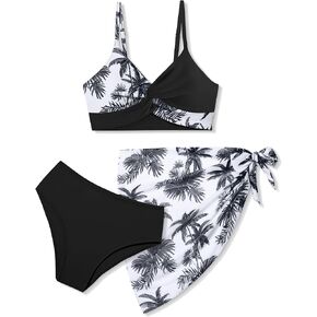 Girls Swimsuit, Bathing Suits 3 Piece Tropical Floral Twist Cross Bikini Sets Girls' Swimwear with Cover Up Skirt 7-16T