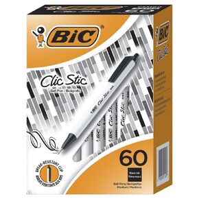 BIC Clic Stic Retractable Ballpoint Pen, 1 mm Medium Tip, Black, Pack of 60
