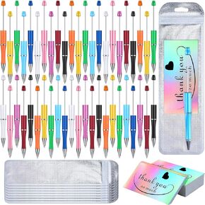 Yeaqee 150 Pieces Beadable Pens Kit 50 Pieces Colors Plastic Beaded Ballpoint Pens Bulk 50 Foil Thank You Cards with 50 Resealable Packaging Bags for School DIY Making Gift(Bright Style)