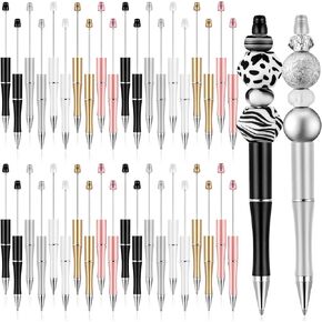 Crtiin 50 Pcs Beadable Pens DIY Black Ink Bead Pens for Christmas DIY Making Gift Office School Supplies(Black, Gold)