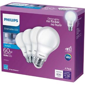 Philips LED- Dimmable A19 Light Bulb, EyeComfort Technology, 800 Lumen, Daylight (5000K), 8.8W=60W, E26 Base, Title 20 Certified, 4 Bulbs