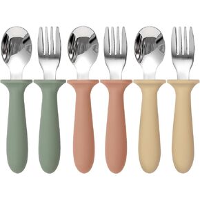 6 Pack Toddler Utensils, kids Silverware with Silicone Handle, 18/8 Stainless Steel Children Safe Spoons and Forks Set Baby Feeding Essentials, Dishwasher Safe