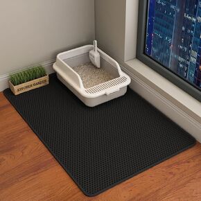 HCY&WLD Cat Litter Mat, 45x26/35x24/30x22/24x18 Inch Double Layer Cat Litter Box Mat, EVA Non-Slip, Waterproof Urine Proof Cat Litter Catcher Mat, Easy Clean Scatter Control (24x18 Inch, Black)