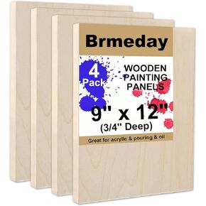 4Pack Unfinished Wood Canvas Panels, 9x12 Studio 3/4" Deep Birch Wood Canvas Boards, Wood Panels for Painting, Pouring, Collage, Acrylic, Art & Crafts - Artist Depth Wooden Wall Canvases Easter Decor