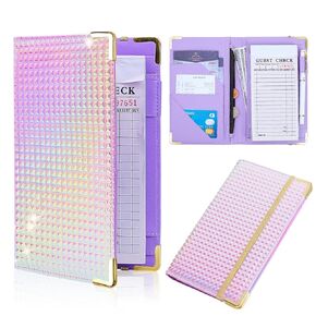 Server Book Waitress Book with Money Pocket Unique Glitter Leather Server Books for Waitress Black Serving Books with Zipper Pocket Waiter Accessories, Blue purple
