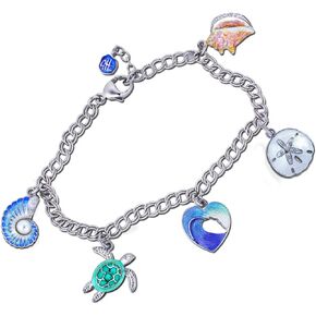 Sea Life - Sea Turtle, Conch, Nautilus, Sand Dollar and Heart of the Sea - Charm Bracelet in Sterling Silver and Fine Enamels