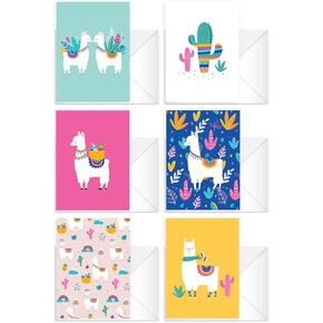 Llama Note Cards / 24 Adorable Animal All Occasion Greeting Cards With White Envelopes / 3 1/2" x 4 7/8" Birthday Party Cards/Alpaca Thank You Note Card Set / 6 Cinco De Mayo Fiesta Designs