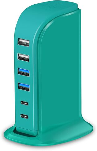 USB Charging Station Multiports Upoy, Charging Hub 6 Ports Dual Type-C, USB Tower Fast Charging for Tablets, Cellphones, Smart Watch, and More Electronic Gadgets, Portable Design, Travel Essentials in Saudi Arabia