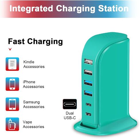 USB Charging Station Multiports Upoy, Charging Hub 6 Ports Dual Type-C, USB Tower Fast Charging for Tablets, Cellphones, Smart Watch, and More Electronic Gadgets, Portable Design, Travel Essentials in Saudi Arabia