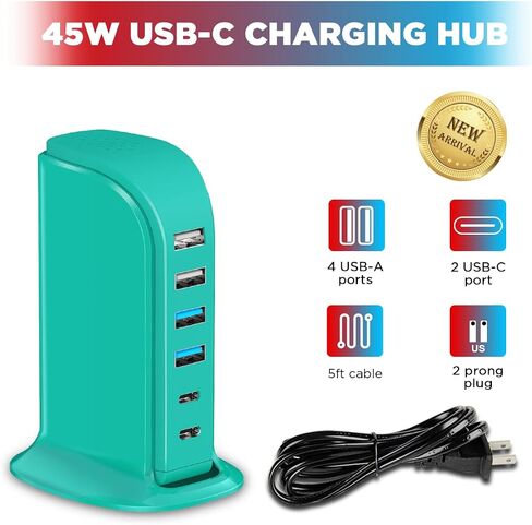 USB Charging Station Multiports Upoy, Charging Hub 6 Ports Dual Type-C, USB Tower Fast Charging for Tablets, Cellphones, Smart Watch, and More Electronic Gadgets, Portable Design, Travel Essentials in Saudi Arabia