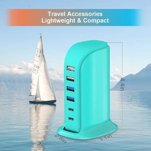 USB Charging Station Multiports Upoy, Charging Hub 6 Ports Dual Type-C, USB Tower Fast Charging for Tablets, Cellphones, Smart Watch, and More Electronic Gadgets, Portable Design, Travel Essentials in Saudi Arabia