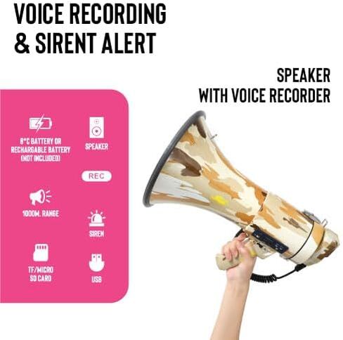 مكبر صوت Bullhorn مع صفارة إنذار وتحكم في مستوى الصوت/مسجل - أداء موثوق ومتسق مقاوم للماء بقوة 25 وات، تسجيل صوتي لمدة 240 ثانية مع أقصى نطاق يصل إلى 1312 ياردة in Saudi Arabia