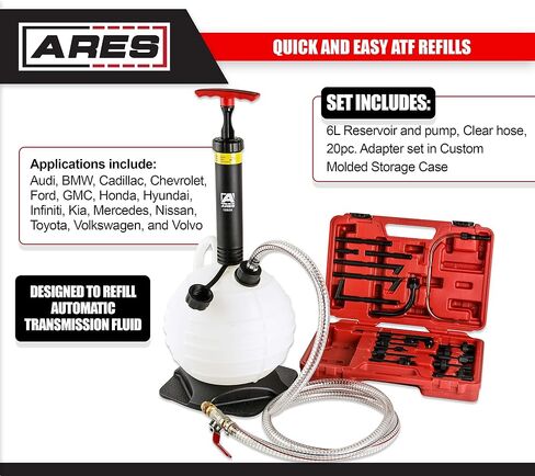 ARES 12026 - مضخة نقل سائل ناقل الحركة - مجموعة إعادة تعبئة ATF - مضخة يدوية سعة 6 لتر لسائل ناقل الحركة الأوتوماتيكي - تتضمن مجموعة محولات مكونة من 20 قطعة - تعمل مع معظم أنظمة النقل الأوتوماتيكي الشائعة in Saudi Arabia
