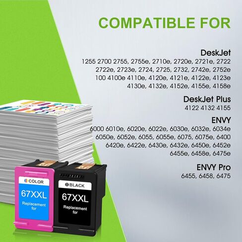 خراطيش حبر 67XL باللون الأسود/اللون متوافقة مع HP Ink 67 HP 67XL 67XXL لـ HP Envy 6055 6000 لطابعة HP DeskJet 2755e 2752 2700 4155 4100 Series (1 أسود، 1 ثلاثي الألوان) in Kuwait