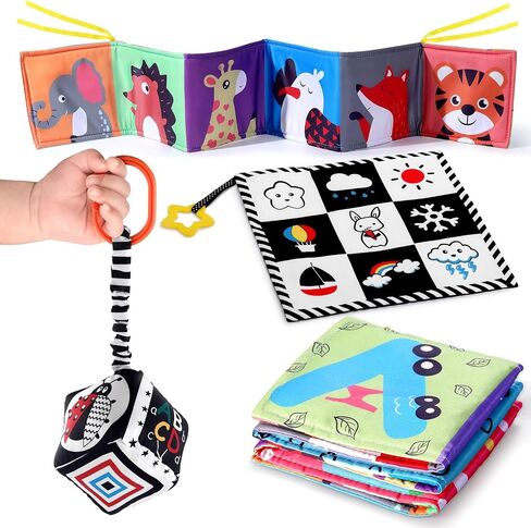 SAMMAS 3 Pcs Black and White High Contrast Baby Toys 0-6 Months for Newborn, Babies Sensory Soft Book for Early Education, Infant Tummy Time Cloth Book, Montessori Toys for Babies in Kuwait