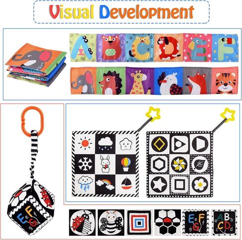 SAMMAS 3 Pcs Black and White High Contrast Baby Toys 0-6 Months for Newborn, Babies Sensory Soft Book for Early Education, Infant Tummy Time Cloth Book, Montessori Toys for Babies in Kuwait