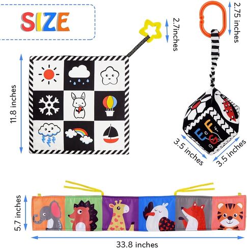 SAMMAS 3 Pcs Black and White High Contrast Baby Toys 0-6 Months for Newborn, Babies Sensory Soft Book for Early Education, Infant Tummy Time Cloth Book, Montessori Toys for Babies in Kuwait