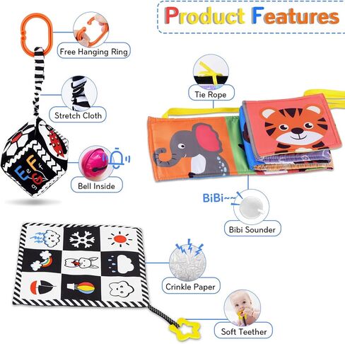 SAMMAS 3 Pcs Black and White High Contrast Baby Toys 0-6 Months for Newborn, Babies Sensory Soft Book for Early Education, Infant Tummy Time Cloth Book, Montessori Toys for Babies in Kuwait