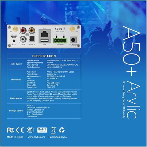 مضخم صوت بلوتوث Arylic Up2stream A50+ لمكبرات الصوت، نظام ستيريو TPA3116، صوت هاي فاي متعدد الغرف/متعدد المناطق، مضخم صوت ستيريو لاسلكي in Kuwait