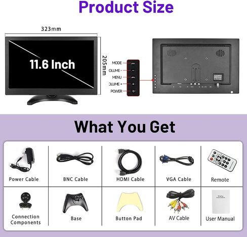 Hikity 11.6 Inch Small HDMI Monitor 1920x1080P Portable CCTV Monitor | BNC, AVI, VGA, HDMI Input Cable, Remote Control, Built-in Speakers, For PC, CCTV, Security Camera, Raspberry Pi, X-Box in Saudi Arabia
