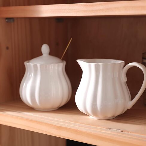 Selamica Ceramic Sugar and Creamer Set, 7.5 oz Sugar Bowl with Lid Spoon, Tea or Coffee Serving Set with Cream Pitcher, Dishwasher Safe, Set of 3, Matte Black in Saudi Arabia