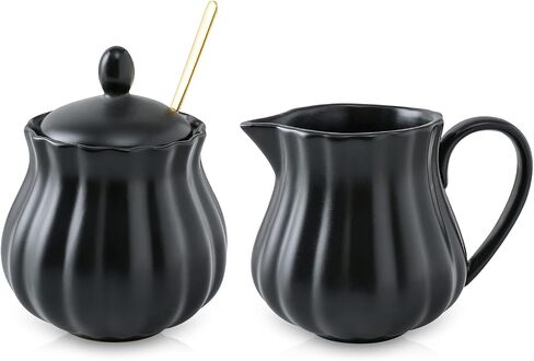 Selamica Ceramic Sugar and Creamer Set, 7.5 oz Sugar Bowl with Lid Spoon, Tea or Coffee Serving Set with Cream Pitcher, Dishwasher Safe, Set of 3, Matte Black in Saudi Arabia