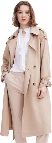 معطف واق من المطر للنساء بطول 3/4، سترة كلاسيكية مزدوجة الصدر بحزام طية صدر السترة للتنقل في مكان العمل in Kuwait