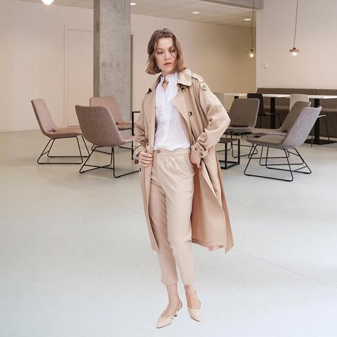 معطف واق من المطر للنساء بطول 3/4، سترة كلاسيكية مزدوجة الصدر بحزام طية صدر السترة للتنقل في مكان العمل in Kuwait