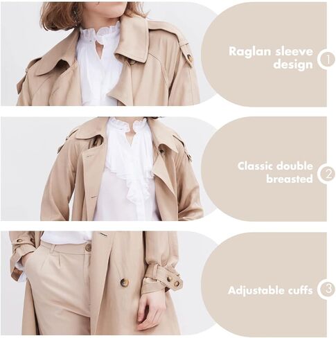 معطف واق من المطر للنساء بطول 3/4، سترة كلاسيكية مزدوجة الصدر بحزام طية صدر السترة للتنقل في مكان العمل in Kuwait