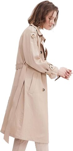 معطف واق من المطر للنساء بطول 3/4، سترة كلاسيكية مزدوجة الصدر بحزام طية صدر السترة للتنقل في مكان العمل in Kuwait