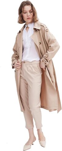 معطف واق من المطر للنساء بطول 3/4، سترة كلاسيكية مزدوجة الصدر بحزام طية صدر السترة للتنقل في مكان العمل in Kuwait