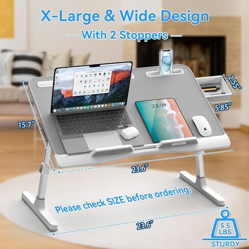 Laptop Bed Desk, X-Large Leather Adjustable Computer Bed Table Tray, Foldable Laptop Lap Desk for Bed Sofa Couch Floor Writing Eating Working with Drawer 2 Movable Stoppers (23.6 inch, Black) in Kuwait