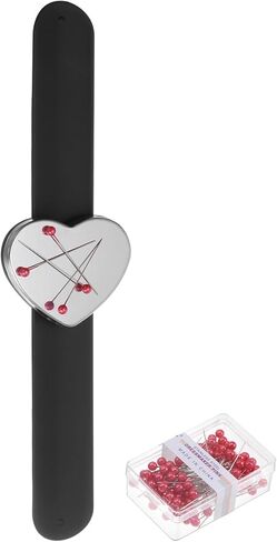 حامل دبوس مغناطيسي معصم على شكل قلب لخياطة المعصم وسادة من السيليكون مع 100 دبوس رأس بلاستيكي لخياطة اللحف، أسود in Kuwait