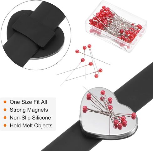 حامل دبوس مغناطيسي معصم على شكل قلب لخياطة المعصم وسادة من السيليكون مع 100 دبوس رأس بلاستيكي لخياطة اللحف، أسود in Kuwait