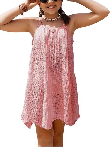 Girl's Crochet Backless Cami Swim Cover Ups Semi Sheer Hollow Out Cover Up Dress in Saudi Arabia