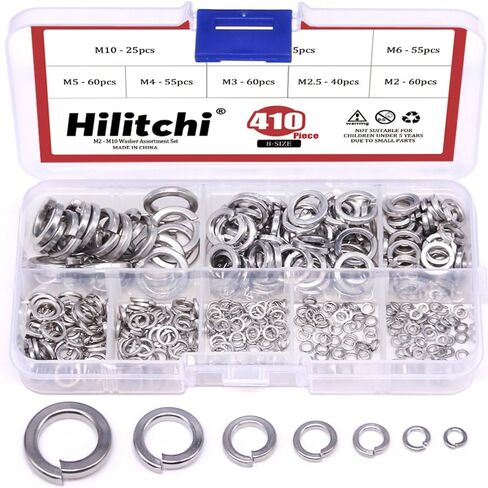 Hilitchi 410-Pcs [8-Size] 304 Stainless Steel Spring Lock Washer Assortment Set - Size Included: M2 M2.5 M3 M4 M5 M6 M8 M10 in Saudi Arabia