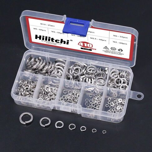 Hilitchi 410-Pcs [8-Size] 304 Stainless Steel Spring Lock Washer Assortment Set - Size Included: M2 M2.5 M3 M4 M5 M6 M8 M10 in Saudi Arabia